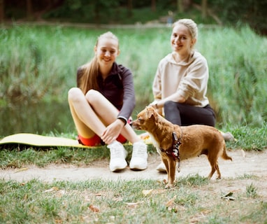 woman in brown coat sitting on white wooden bench with brown short coat small dog